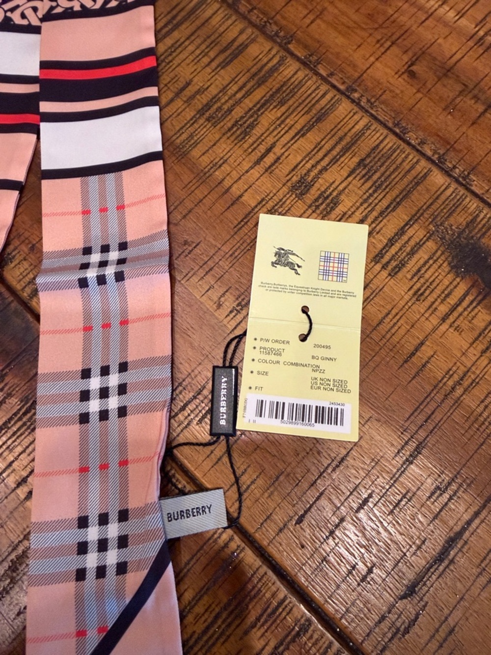 Burberry Peach Plaid & Stripe Silk Twilly Scarf - Picture 3 of 11